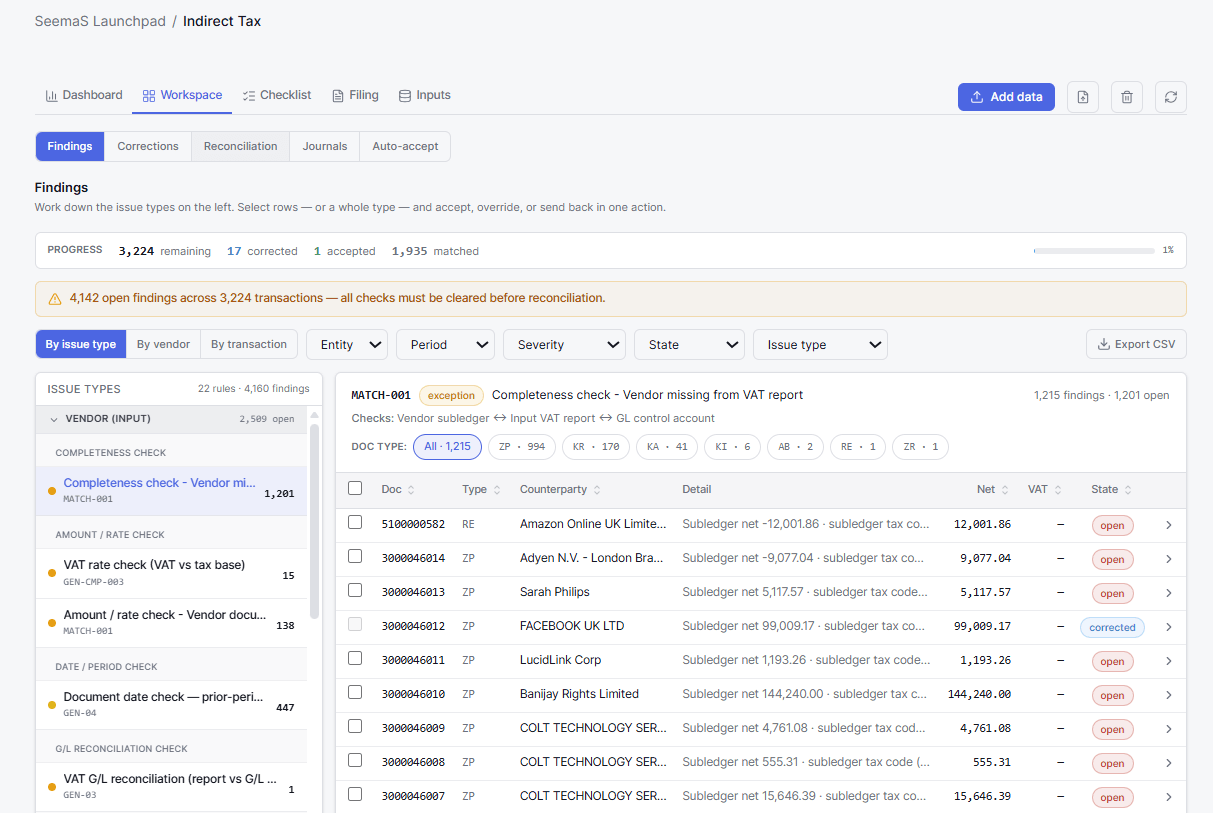 Indirect tax findings and corrections workspace