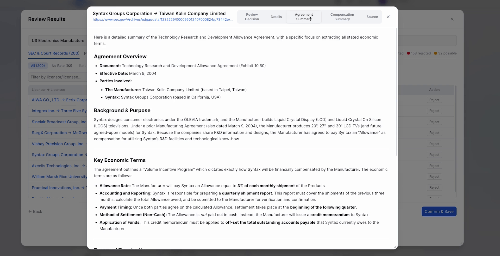 Agreement summary with key economic terms