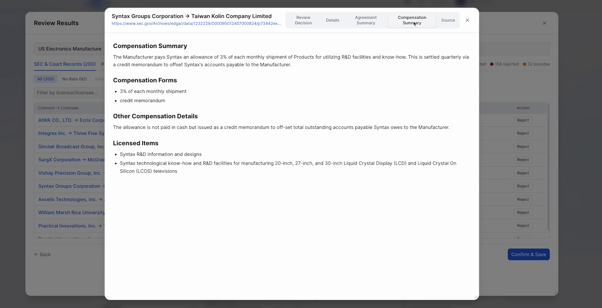 Compensation summary for a licensing agreement