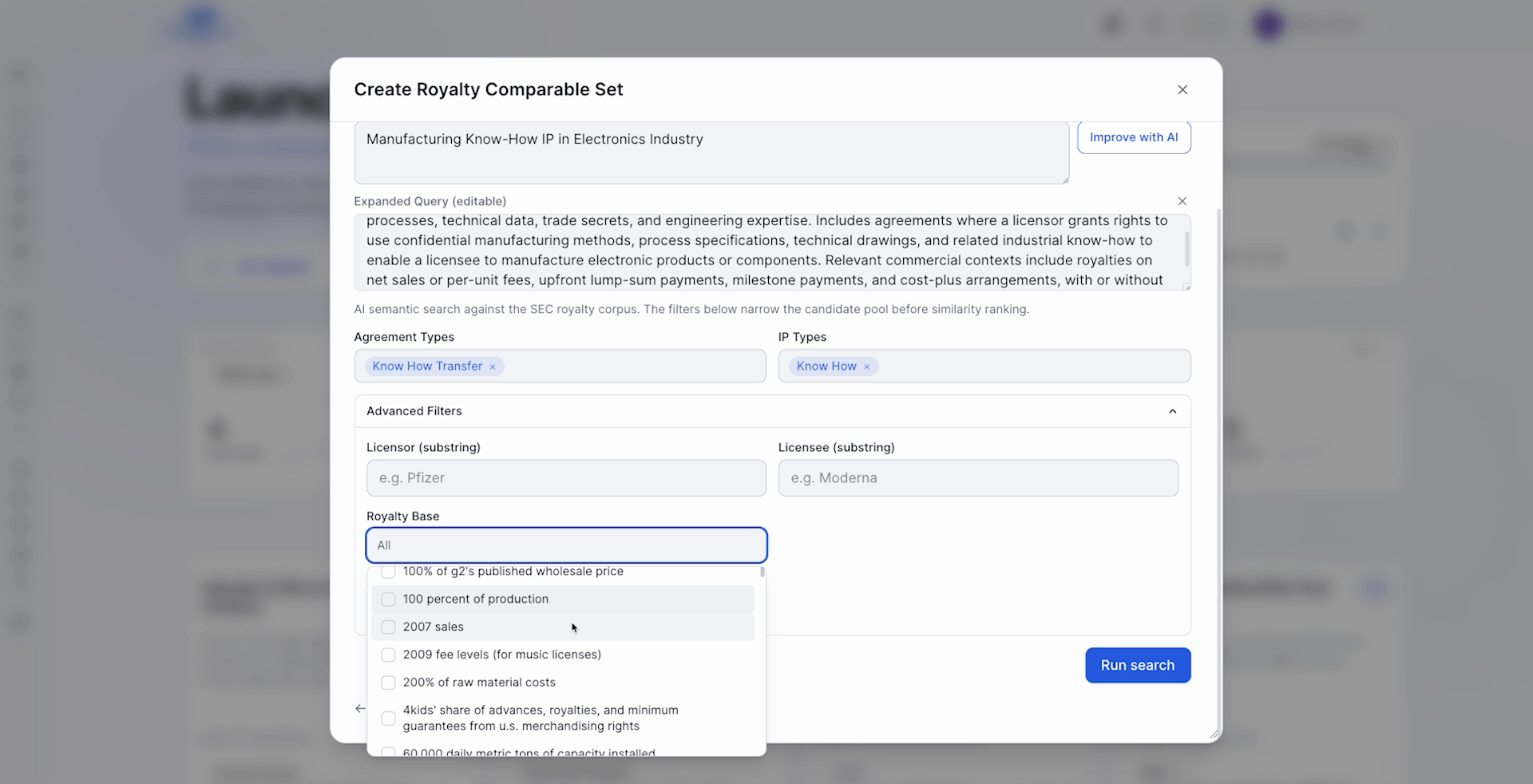 Create a royalty comparable set with AI semantic search