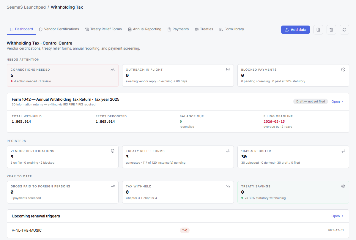 Withholding Tax Control Centre dashboard